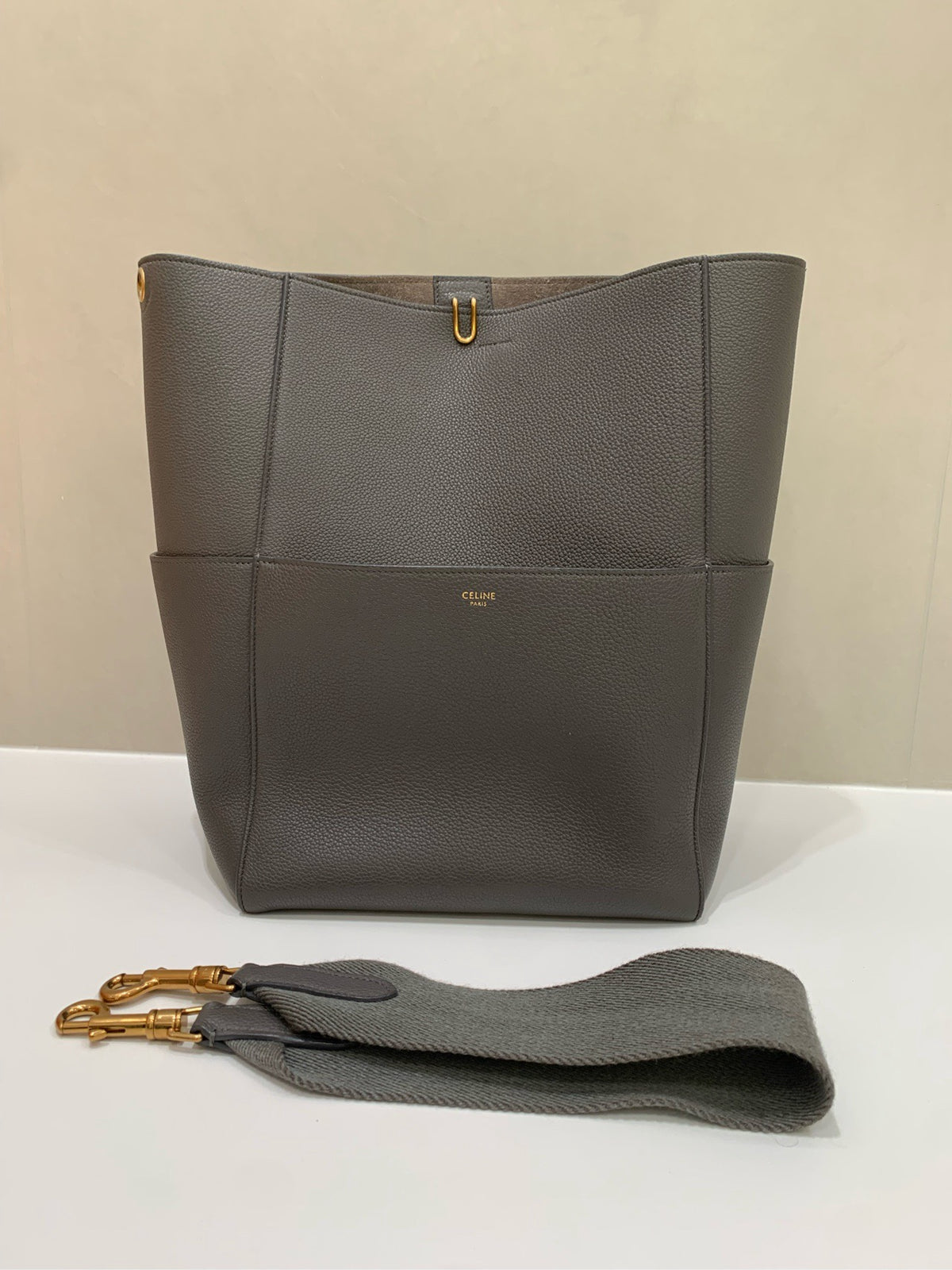 Celine gray leather pebbled leather tote bag